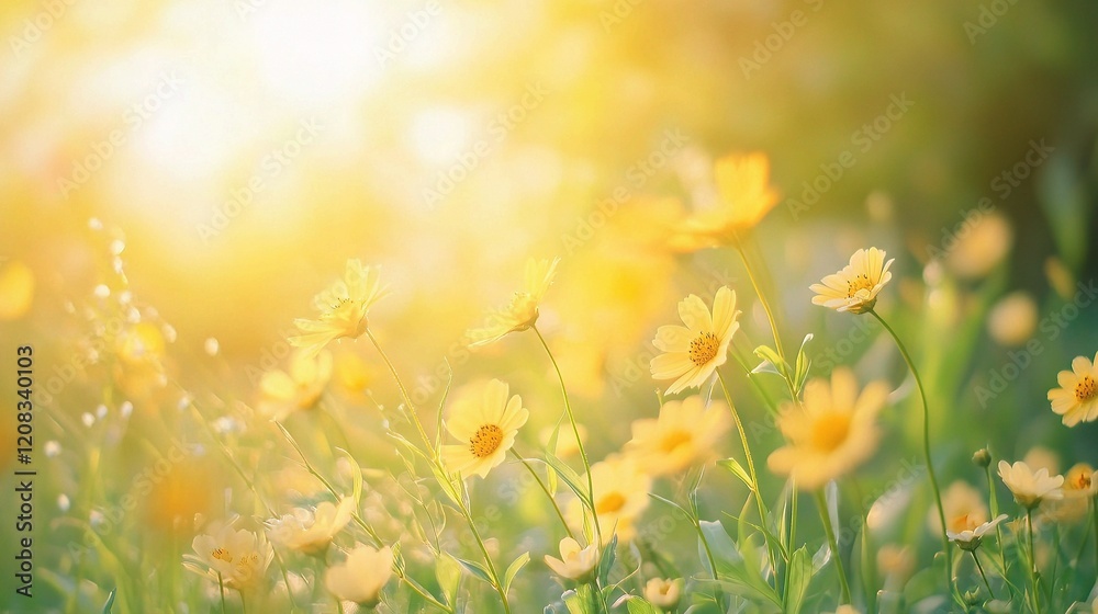 Obraz premium Fluffy Little Yellow Wildflowers in Meadow Bathed in Golden Light