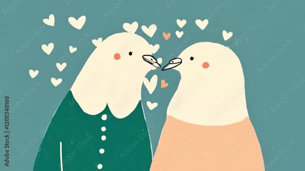 Cute style flat cartoon illustration kissing couple birds with love hearts blue background and green cream and pink palette