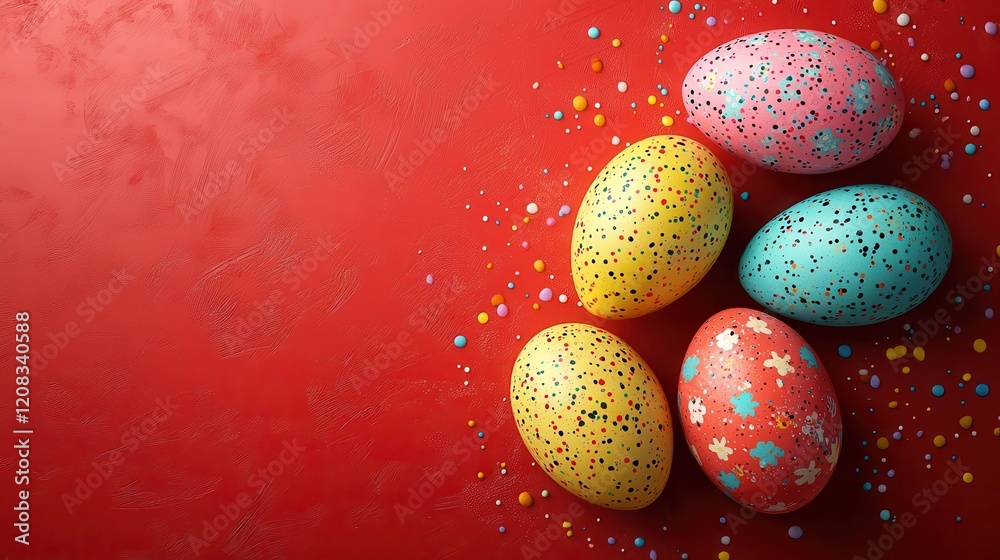 Vibrant easter eggs on red textured background for holiday design and decoration Vibrant easter eggs on red textured background for holiday design and decoration