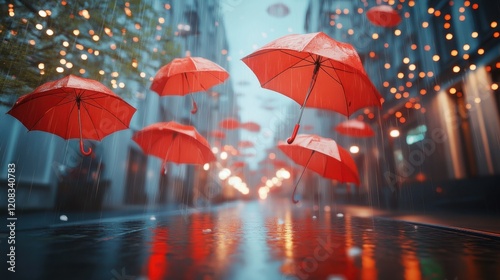 Wallpaper Mural Red umbrellas hanging in a rainy city street with colorful bokeh lights at dusk Torontodigital.ca