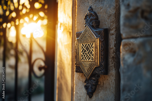 Close-up view of a mezuzah attached to a doorway at sunset, showcasing intricate design and cultural significance photo