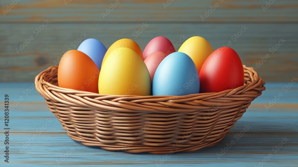 Vibrant easter eggs arrangement in wicker basket for festive decor Vibrant easter eggs arrangement in wicker basket for festive decor