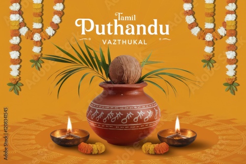 Tamil Puthandu Vazthukal greeting with traditional pot, coconut, flowers, and lamps.