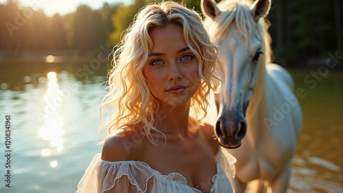 Beautiful blonde girl on the lake at sunset photo