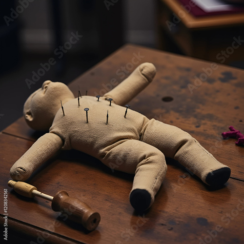 Eerie Voodoo Doll Punctured with Pins