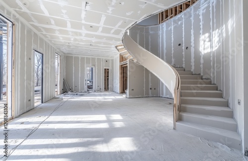 The housing project's interior construction shows drywall installed and patched, though it remains unpainted photo