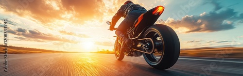Cinematic low-angle back view of motorcyclist in black gear riding towards the horizon on an empty road during sunset