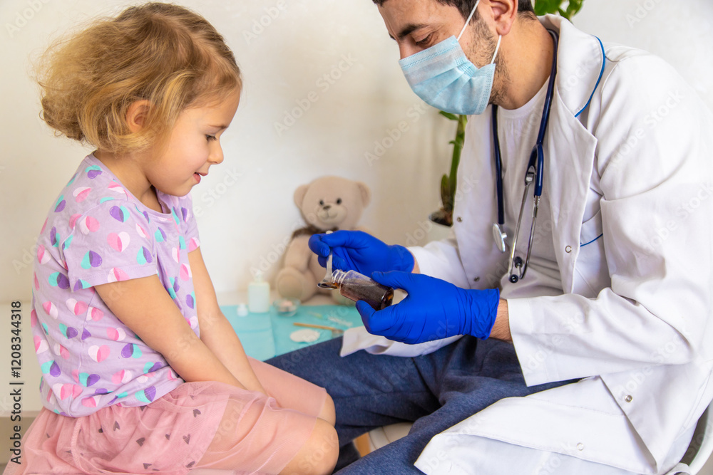 A child is being treated by a doctor in a clinic. Selective focus. A child is being treated by a doctor in a clinic. Selective focus.