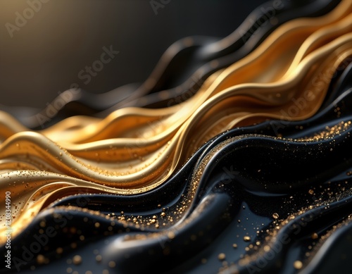 Abstract 3d rendering elegant black, gold flowing textures. Liquid like shapes, textures with gold glitter. Modern, luxurious design. Empty space suitable as backdrop display. Sophisticated minimal photo