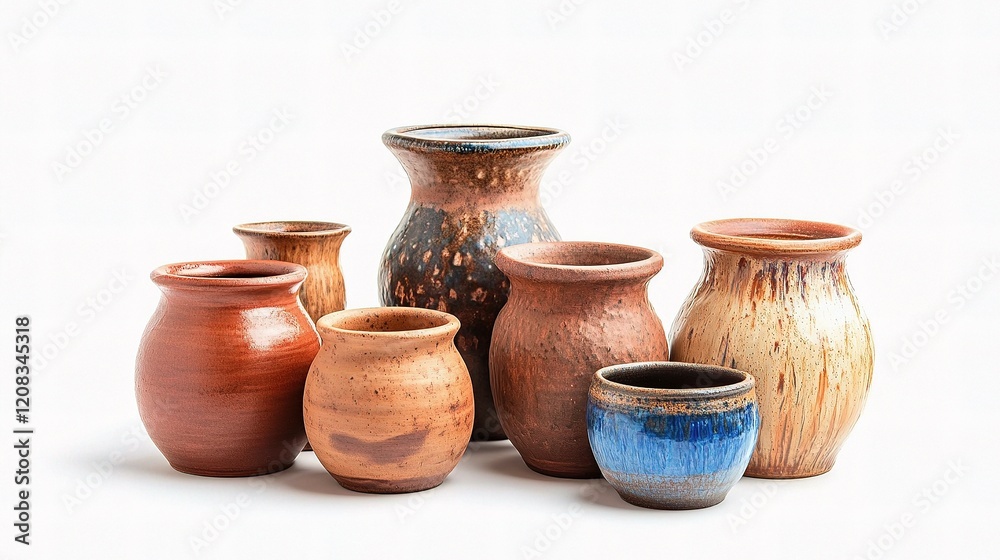 Beautiful Handmade Pottery Collection Isolated on White Background Beautiful Handmade Pottery Collection Isolated on White Background