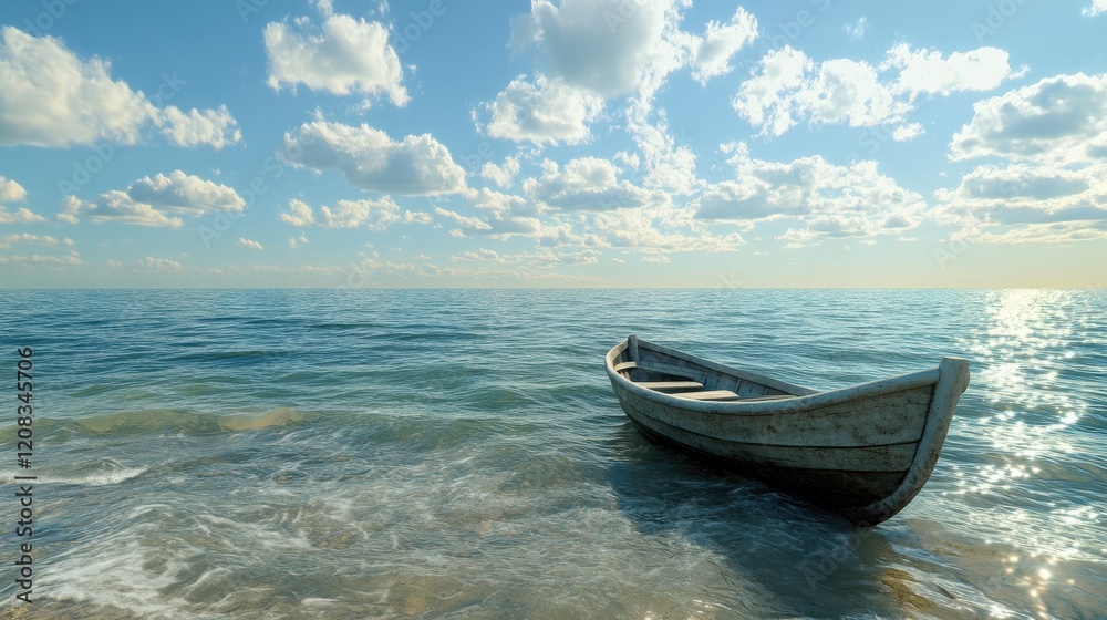 Solitary wooden rowboat on tranquil shoreline with blue sky and clouds Solitary wooden rowboat on tranquil shoreline with blue sky and clouds