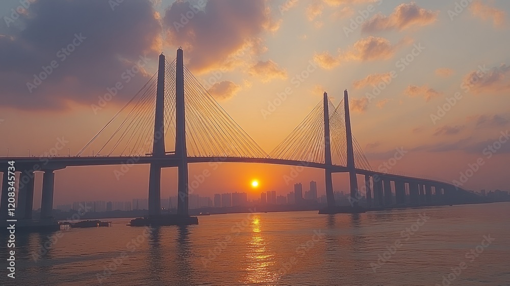 Sunset over the majestic cable-stayed bridge, a breathtaking view of urban landscape meeting tranquil waters during golden hour Sunset over the majestic cable-stayed bridge, a breathtaking view of urban landscape meeting tranquil waters during golden hour