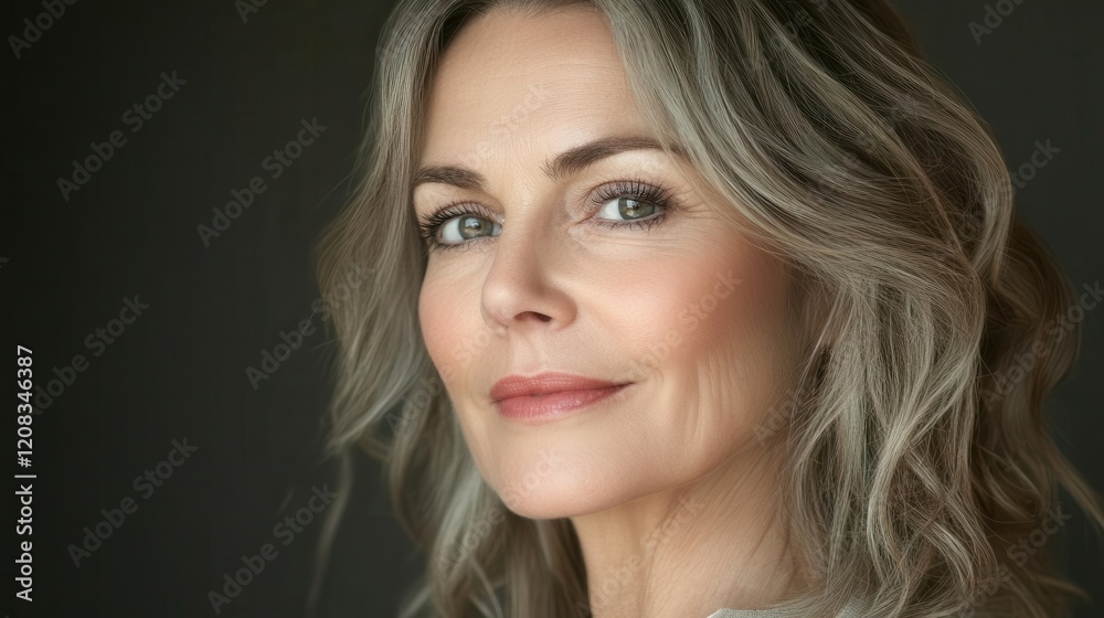 Obraz premium elegant mature woman's expressive eyes with subtle crow's feet, soft natural lighting highlighting skin texture, professional beauty photography showcasing graceful aging