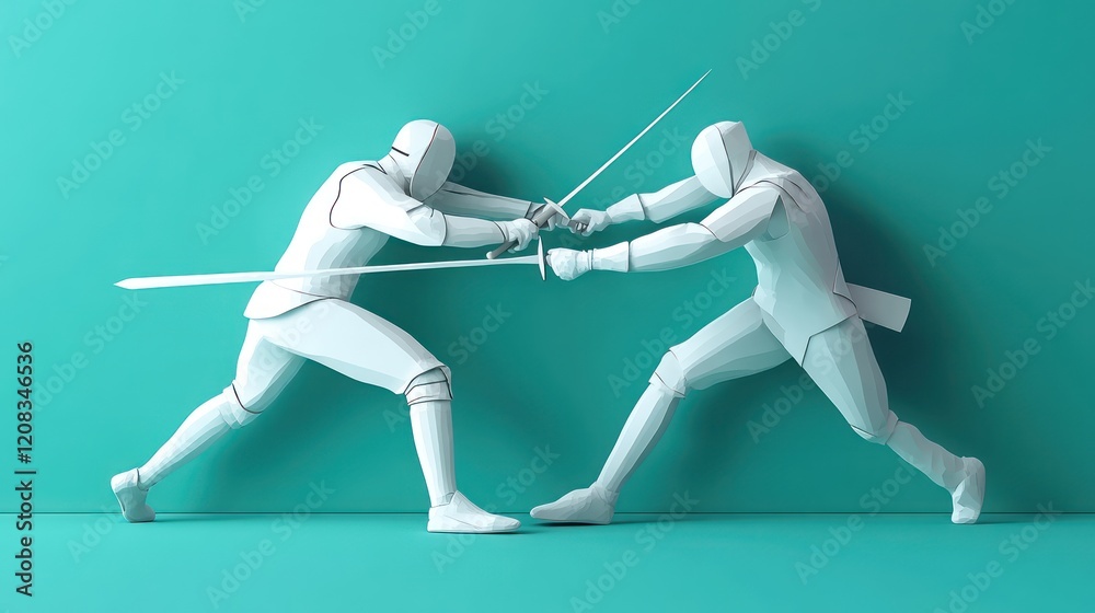 White Knights Duel: Two stylized white knights engage in a dynamic sword fight against a teal backdrop. The minimalist design emphasizes the action and competition. White Knights Duel: Two stylized white knights engage in a dynamic sword fight against a teal backdrop. The minimalist design emphasizes the action and competition.