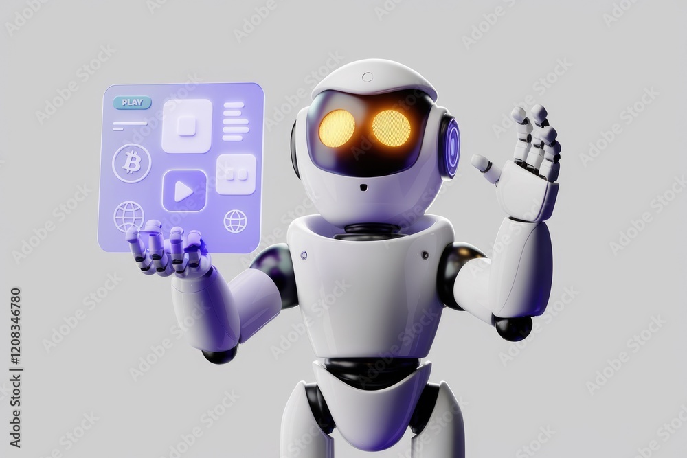 A friendly robot interacts with a futuristic interface showcasing multimedia, cryptocurrency, and global connectivity. A friendly robot interacts with a futuristic interface showcasing multimedia, cryptocurrency, and global connectivity.