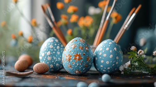 Creative easter craft ideas: kids painting colorful eggs at home photo