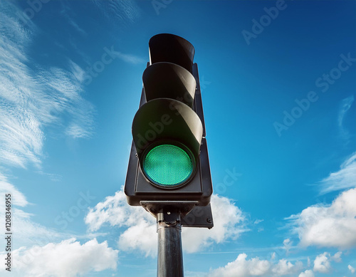 a traffic light with green light against blue sky and clouds close view from the low angle