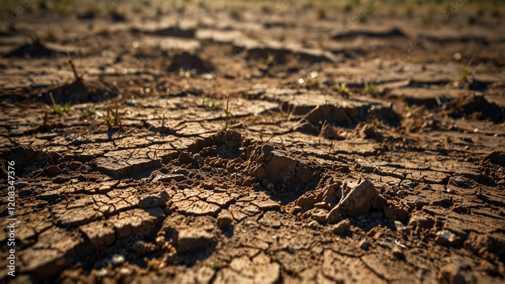 Fototapeta premium Cracked Dry Earth with Sparse Green Plants in Crevices, Arid and Dry Landscape Under Natural Sunlight 