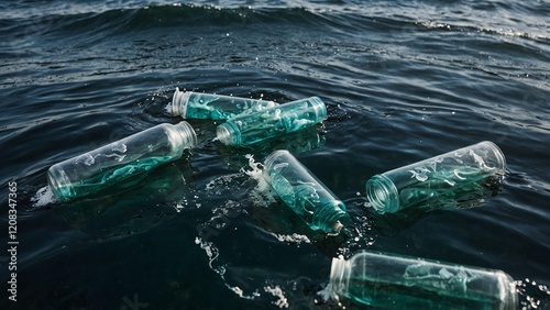 Wallpaper Mural Clear Plastic Bottles Filled with Teal Liquid Bobbing on Dark Blue Water, Environmental Pollution Representation
 Torontodigital.ca