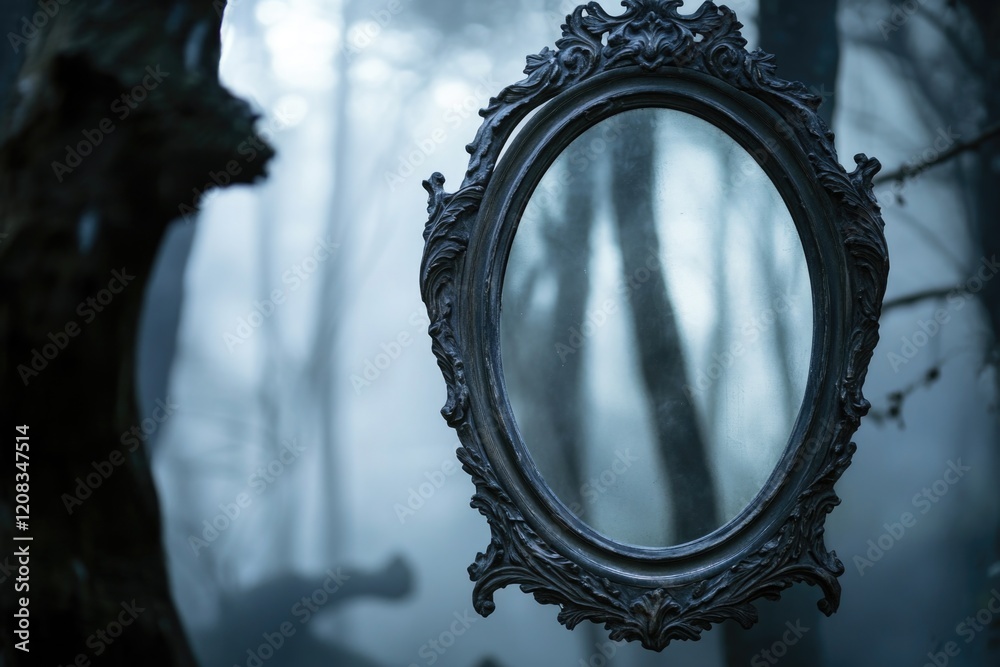 Obraz premium A mirror hung from a tree branch in a dense forest, perhaps used for decoration or as a symbol