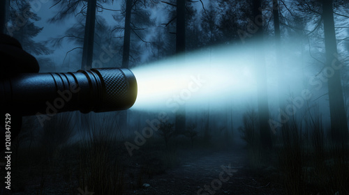 Handheld flashlight emitting strong beam in dark forest, illuminating path with dramatic contrast