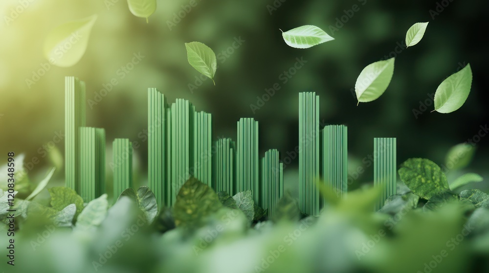 Green Growth: A vibrant green bar graph with a natural backdrop of leaves, a visual representation of environmental consciousness and sustainable development. This image symbolizes growth, progress. Green Growth: A vibrant green bar graph with a natural backdrop of leaves, a visual representation of environmental consciousness and sustainable development. This image symbolizes growth, progress.