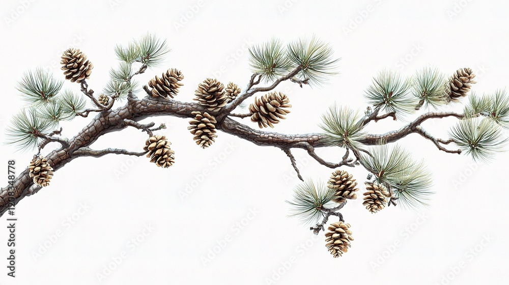 Pine Tree Branch with Cones Isolated on White Background Pine Tree Branch with Cones Isolated on White Background
