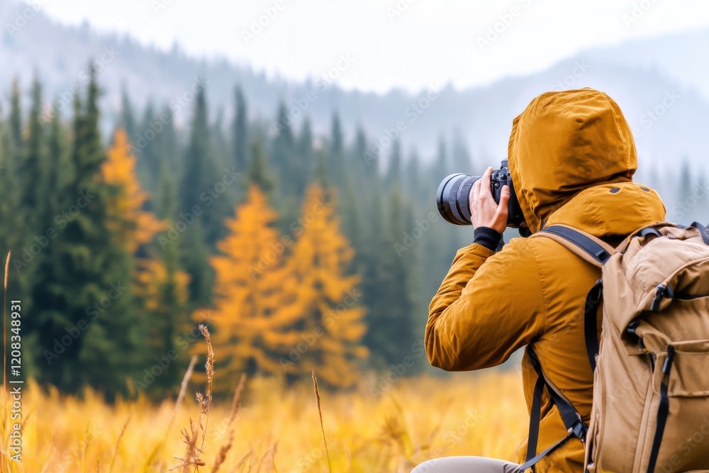 Photographer kneeling in a misty forest landscape capturing earthy tones during autumn season Photographer kneeling in a misty forest landscape capturing earthy tones during autumn season