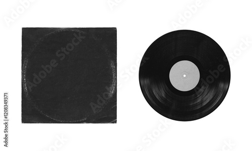 vinyl record mockup isolated on transparent background, separated sleeve and disc with empty space for music cover design