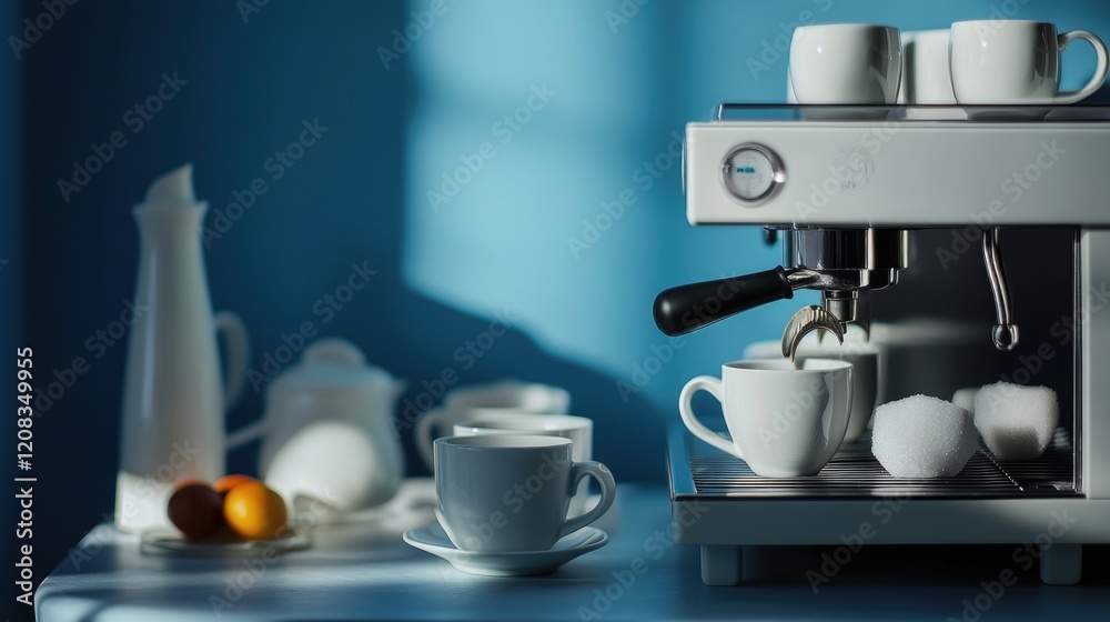 A coffee machine with a cup of coffee on a table, great for office or home use A coffee machine with a cup of coffee on a table, great for office or home use