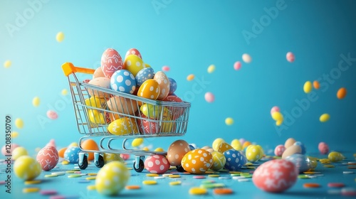 Colorful easter eggs in overturned shopping cart on vibrant blue background