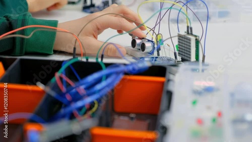 Close-up of a group of children assembling a robot from plastic parts programmed on a computer at a robotics school, the robot moves on a table. Creative kids working on the tech project at school.
