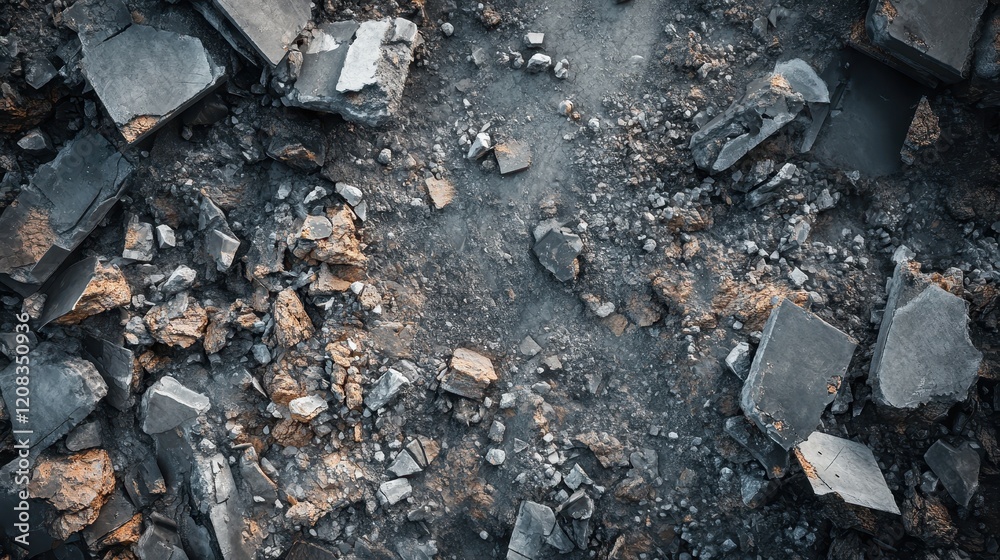 Aerial view of rocky terrain with broken stones and debris Aerial view of rocky terrain with broken stones and debris