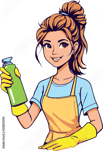 Smiling woman holding cleaning spray bottle wearing apron and gloves