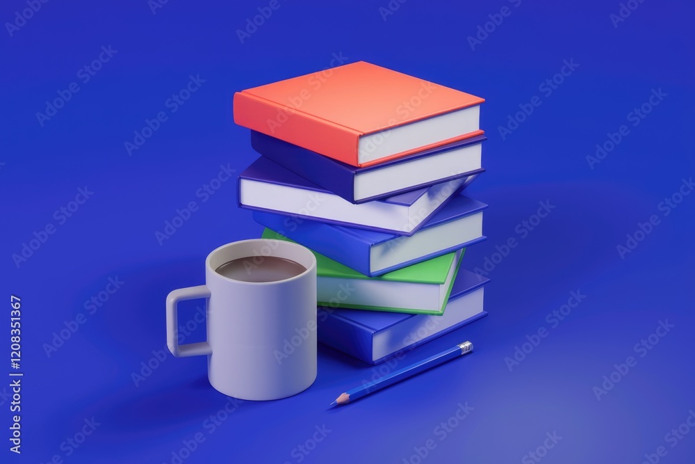 Fototapeta premium A stack of colorful books sits beside a coffee mug and pencil, suggesting a study or reading session.