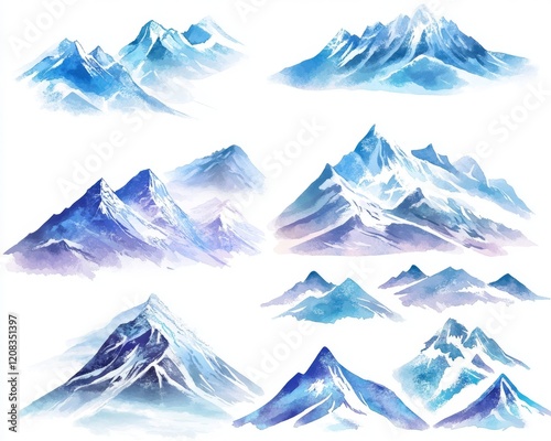 Watercolor hand-painted elements of blue mountain peaks, fir trees, and a pink sky, isolated on a white background, created by a landscape artist photo