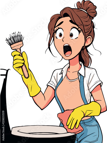 Shocked woman cleaning toilet wearing gloves and holding brush and sponge