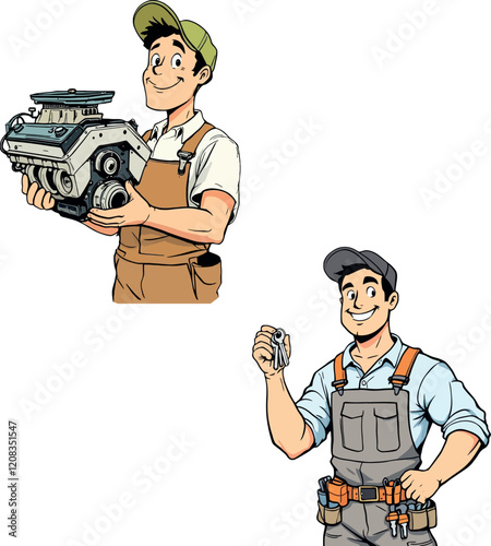 Mechanics holding car engine and keys, smiling, repair shop, auto service