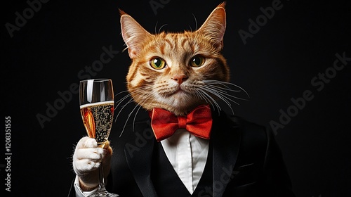 A dapper orange tabby cat in a tuxedo, raising a glass of champagne in celebration. photo