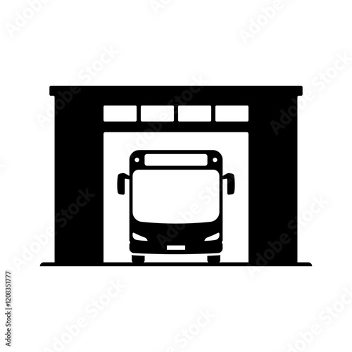 Bus in garage icon. Car wash, service. Black silhouette. Front view. Vector simple flat graphic illustration. Isolated object on white background. Isolate.