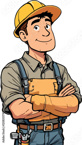 Confident construction worker smiling with arms crossed and tools at hip