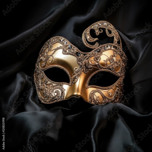 A gold masquerade mask on a black cloth, ideal for use in historical or theatrical settings