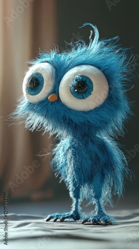 A whimsical blue fluffy character with oversized eyes and an expressive face, capturing the viewer's attention with its charm and adorable features in a soft-lit room.