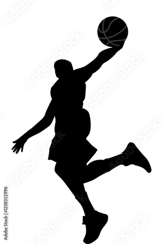 Dynamic silhouette of a basketball player soaring through the air for a slam dunk. The high-contrast black and white design highlights the athletic motion, making it perfect for sports-themed graphics