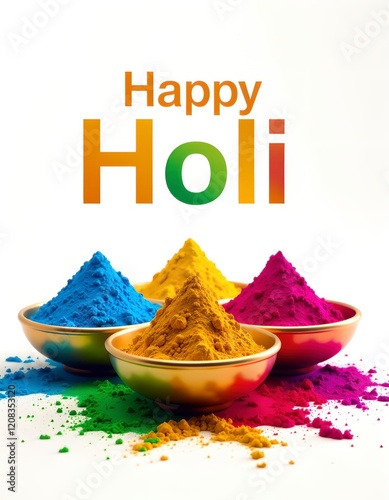 Colorful bowl of powder with the words Happy Holi written above it. Concept of joy and celebration, as the vibrant colors of the powder and the festive text suggest a time of happiness photo