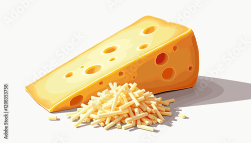 Cheese wedge with grated cheese on a light background