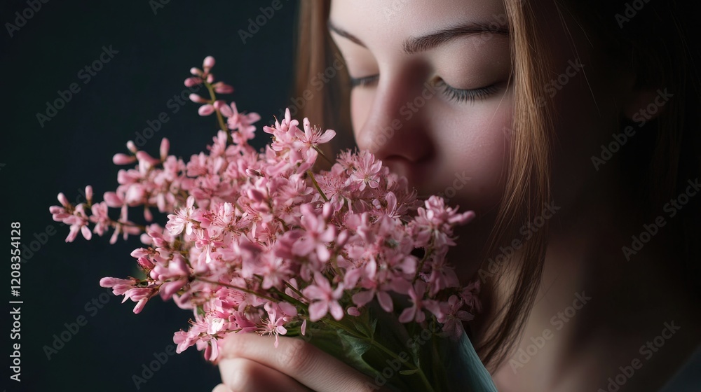 A woman enjoying the scent of pink flowers A woman enjoying the scent of pink flowers