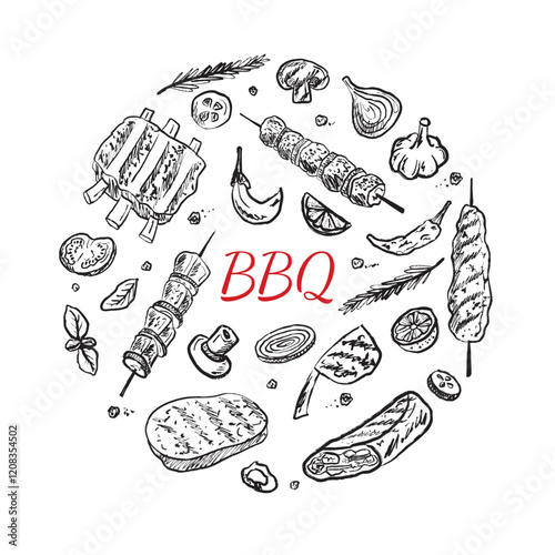 Barbeque round shape logo design. Street food in brush stroke texture isolated on white. Hand drawn vector sketch illustration in vintage charcoal ink style. Shawarma, doner kebab, pita, meat skewer
