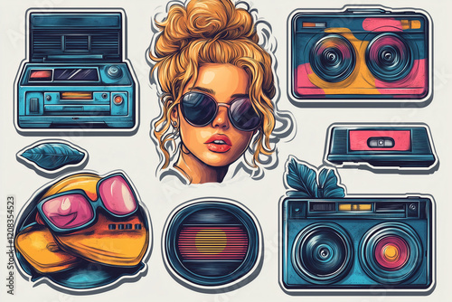 Retro set of icons of 90s. Pop art sticker collection for 1990 born baby. Badge for hipsters with disco ball and sunglasses, boombox and roller, cassette. Vintage isolated element. Old cartoon design photo