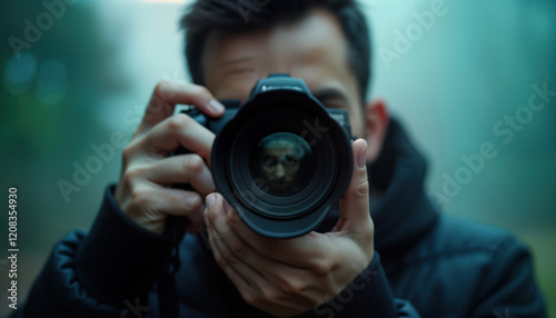Man holds camera close to face. Mysterious mood with muted colors. Person looks directly into camera lens. Dim lighting creates shadowy effect. Photography hobbyist using modern equipment. Person